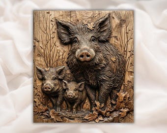 Wild Boar Family 3D Relief STL | Mama Hog & Piglets Woodland Wood Grain Carving Panel | Home Decor