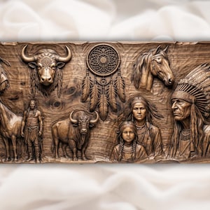 Tribal Collage STL | Western Spirit Relief | Buffalo Horse Artwork | Rustic Lodge Wall Decor | Wood Carving Design | Dreamcatcher Plaque