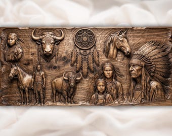 Tribal Collage STL | Western Spirit Relief | Buffalo Horse Artwork | Rustic Lodge Wall Decor | Wood Carving Design | Dreamcatcher Plaque