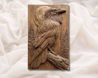 Raven Bird 3D Relief STL | Gothic Crow Moon Forest Wall Art Panel | CNC Router 3D Print Laser Engrave File