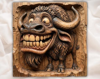 Goofy Bison 3D Relief STL | Funny Animal CNC Router Wood Carving Panel | Rustic Humor Wall Art | Kids Room Decor