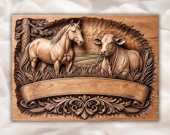 馬と牛の牧場のレリーフSTL｜素朴な納屋の壁飾り｜パーソナライズされた牧場の看板パネル｜手彫りの木目調カントリーデコレーション