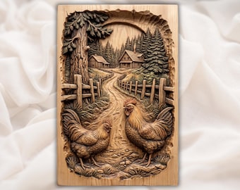 雄鶏の農家風レリーフ STL | 素朴な田舎の納屋の風景 | 森の柵の小道の雌鶏の壁パネル | 手彫りの木目調ホームステッドアート