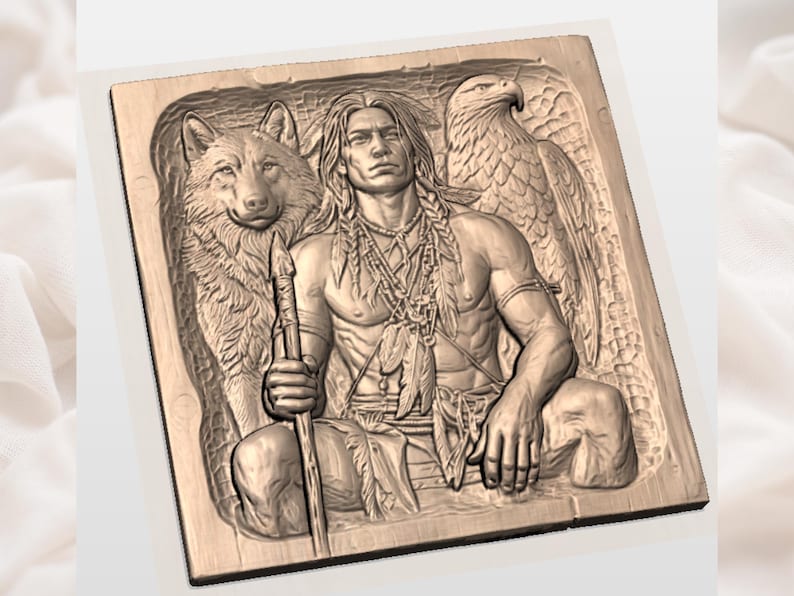 May include: A wooden relief carving depicts a Native American man with long braids, holding a spear. A wolf and an eagle are carved on either side of the man. The carving is in shades of brown.