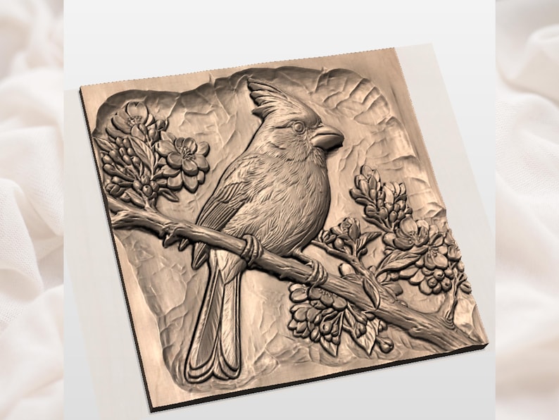 May include: A detailed relief carving of a cardinal bird perched on a flowering branch. The artwork is in shades of brown and beige, with intricate details of the bird's feathers and the blossoms. The background has a textured, naturalistic appearance.