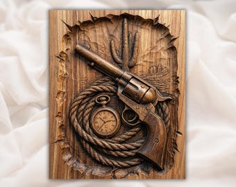 Western Pocket Watch & Lasso Relief STL | CNC Router 3D Carving Model | Desert Cactus Wood Grain Bas Relief Panel | Rustic Cowboy Wall Art