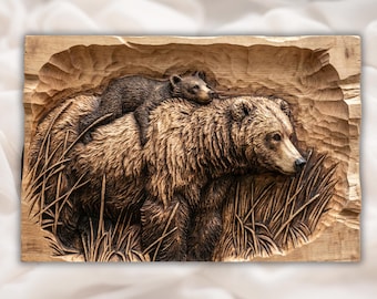 Reliëf grizzlybeer en welp STL | 3D-snijmodel CNC-router | Basreliëfpaneel met houtnerf in het wild | Rustieke muurkunst Cabin Lodge