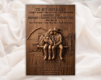 パーソナライズされた夫へのギフトレリーフSTL | パーソナライズされた妻から夫への愛のプラーク | カウボーイカップルホースバーン、Aspire、VCarve Pro、Carveco、ArtCAM