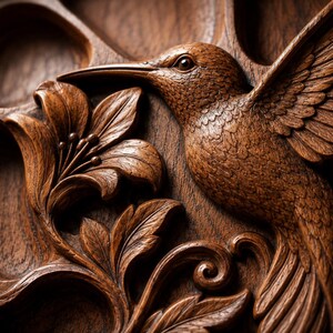 K&ouml;nnte beinhalten: Eine dunkelbraune Holzschnitzerei, die einen detaillierten Kolibri im Flug neben einer gro&szlig;en Blume mit markanten Bl&uuml;tenbl&auml;ttern zeigt. Die Oberfl&auml;che weist komplexe Texturen und organische Muster auf, die direkt in die Holzmaserung geschnitzt sind.