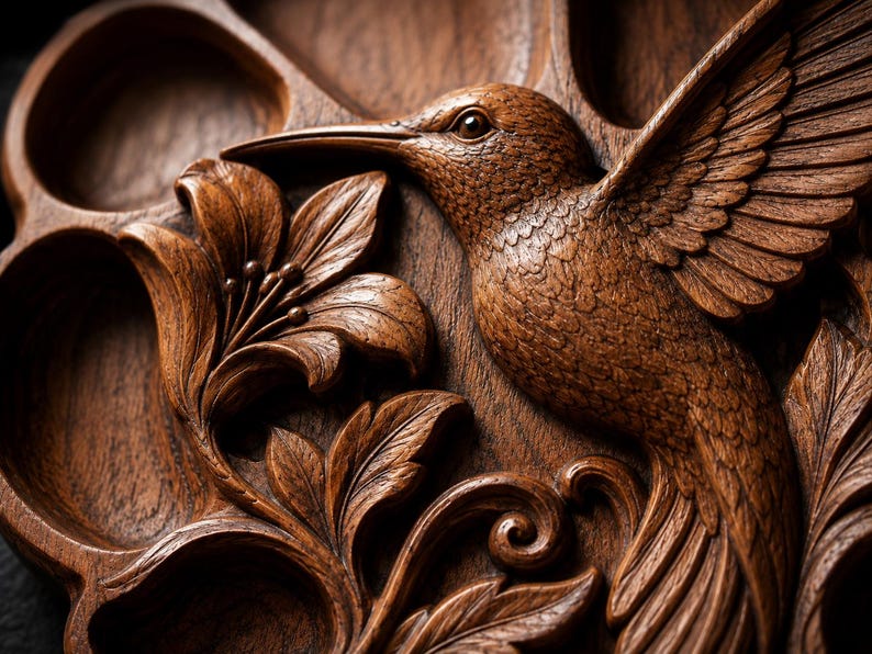 K&ouml;nnte beinhalten: Eine dunkelbraune Holzschnitzerei, die einen detaillierten Kolibri im Flug neben einer gro&szlig;en Blume mit markanten Bl&uuml;tenbl&auml;ttern zeigt. Die Oberfl&auml;che weist komplexe Texturen und organische Muster auf, die direkt in die Holzmaserung geschnitzt sind.
