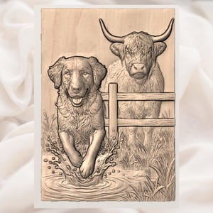 Farm Dog & Highland Cow 3D Relief STL view 3