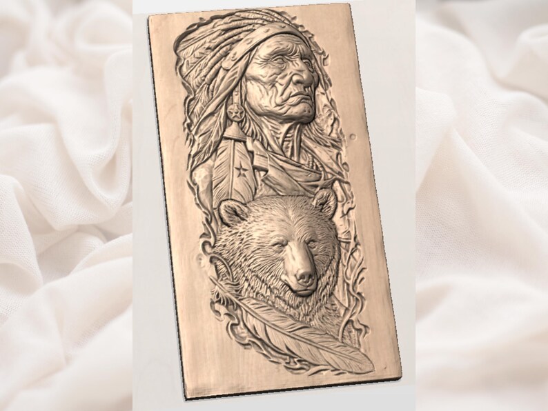 May include: A rectangular wooden carving featuring a detailed relief of a Native American chief in a headdress above a bear's head. The carving includes feathers and star details, with a natural wood finish.