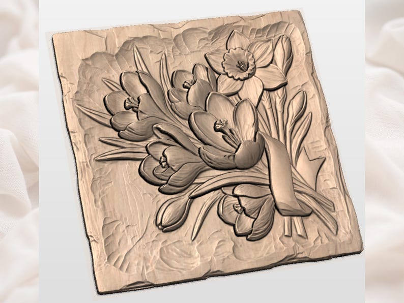 May include: A carved wooden plaque featuring a detailed relief of spring flowers, including daffodils and crocuses. The flowers are arranged in a bouquet, with intricate details and shading. The plaque has a textured, rustic appearance.