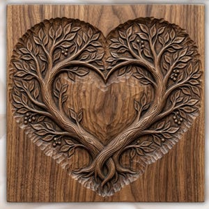 May include: A square wooden wall plaque featuring a detailed relief carving of two trees with intertwined branches forming a heart shape. The natural brown wood grain is visible throughout the piece, with textured leaves and small berries carved into the surface.