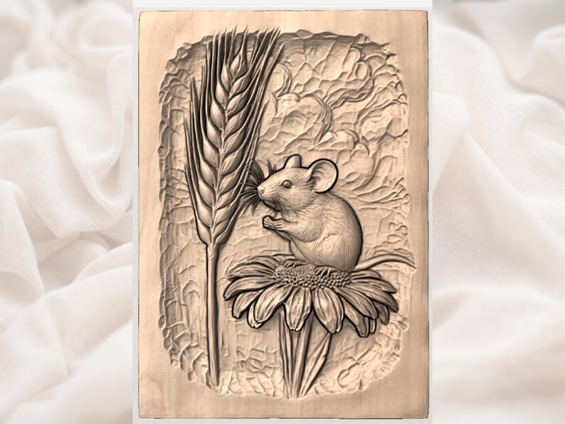 Mouse on Daisy Panel STL| Nature Wall Decor | Rustic Animal STL| Mouse Flower Relief | Cute Animal Wall Art | Wheat Daisy Carving image 2