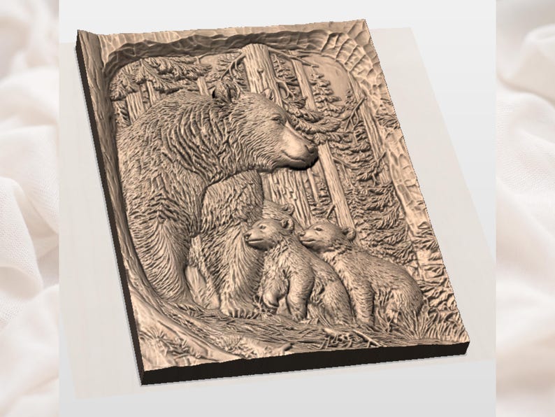 May include: A detailed wooden relief carving shows a bear with two cubs in a forest scene. The artwork features a mother bear and her cubs, with trees and a full moon in the background. The relief is a natural wood colour.