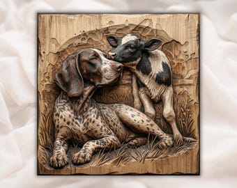 Cute Farm Dog & Calf 3D Relief STL | Country Barn Animal Wood Grain Carving | Aspire, VCarve Pro, Carveco, Fusion 360, ArtCAM | Home Decor