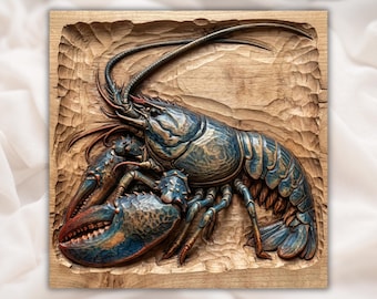 Lobster Ready woodcarving Relief STL | CNC Router 3D Carving Model | Coastal Seafood Wood Grain Bas Relief | Nautical Beach Kitchen Decor