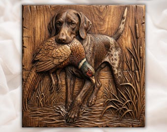 Chien de chasse avec faisan en relief 3D | Fichier de sculpture sur bois pour routeur CNC Bird Dog | Art mural pavillon de chasse bas-relief