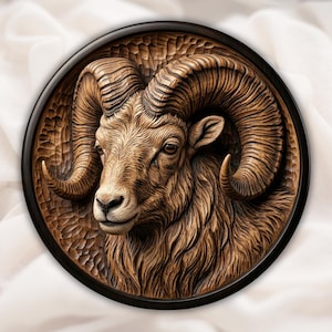 May include: A detailed, brown wooden carving of a ram's head with large, curved horns. The ram is centered within a round, dark-brown frame. The carving showcases intricate textures and details, set against a soft, white background.