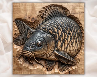 Carp Fish STL 3D Relief | Koi/Cyprinus Wood Carving CNC File | Fishing Wall Art Panel | Rustic Cabin Lake Decor | 3D Print
