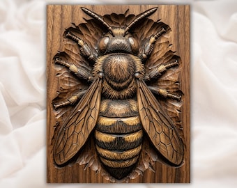 Honey Bee Relief STL | Honeybee Wall Decor | Insect Carving File | Wood Grain Artwork | Rustic Garden Decor | Botanical Wall Piece
