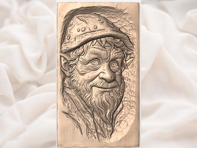 May include: A detailed wood carving of a smiling, bearded man wearing a hat. The carving is set against a light background, showcasing the intricate details of the face and hat. The man's expression is friendly, and the carving has a rustic, handcrafted feel.