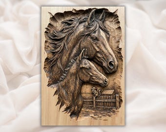 Häst- och fölrelief STL | CNC-fräs 3D-sniderifil | Western Ranch-träfiberbasreliefpanel | Rid-/bondgårdsväggkonst
