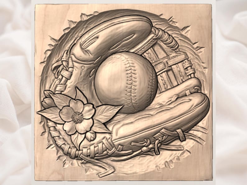 Peut inclure: Une sculpture en bois d&eacute;taill&eacute;e d'un gant de baseball, d'une balle et d'une fleur. La balle de baseball est centr&eacute;e, avec le gant partiellement ouvert &agrave; gauche. Une fleur est dans le coin inf&eacute;rieur gauche. La sculpture est dans les tons bruns.