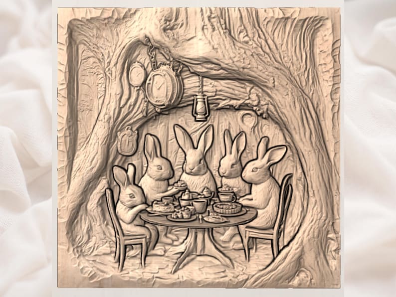 May include: A carved wooden relief showing five rabbits at a table, dining together. The scene is set inside a tree trunk, with clocks and a lantern suspended above. The artwork is in shades of brown and beige.