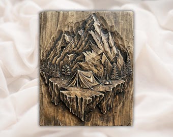 Mountain Camping STL Relief | Tent Wilderness 3D Carving File for CNC Router | Rustic Cabin Lodge Wall Art Panel | Home Decor