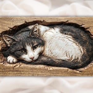 Awake Cat 3D Relief STL view 1