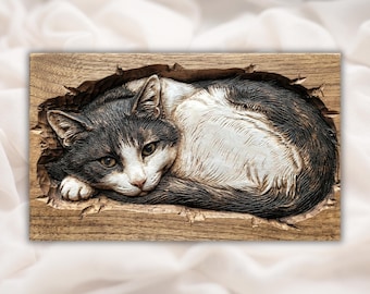 Awake Cat 3D Relief STL | Open Eyes Kitty CNC Wood Carving File | Cat Lover Wall Art | 3D Print STL + Laser Engraving