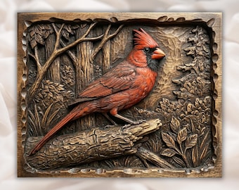Cardinal Bird Relief STL | CNC Router 3D Carving Model | Northern Cardinal on Branch Wood Grain Bas Relief Panel | Rustic Nature Wall Art