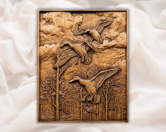 Flying Ducks 3D Relief STL | Waterfowl Hunting Scene Wall Panel | CNC Router Carving File, 3D Print, Laser Engrave | Digital Download