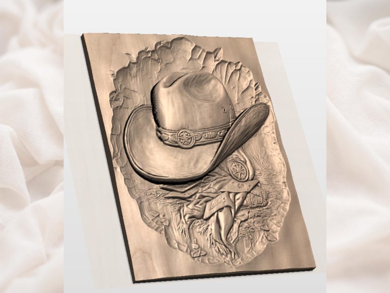 May include: A wooden relief carving of a cowboy hat with a decorative band and a detailed brim. The carving is set against a textured background, showcasing the hat's shape and design. The wood has a natural, light brown color.