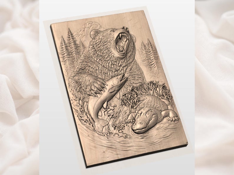 May include: A wooden relief carving shows a bear with an open mouth, a fish leaping from the water, and an alligator. The bear is central, with trees in the background. The carving is on a rectangular wooden plaque.
