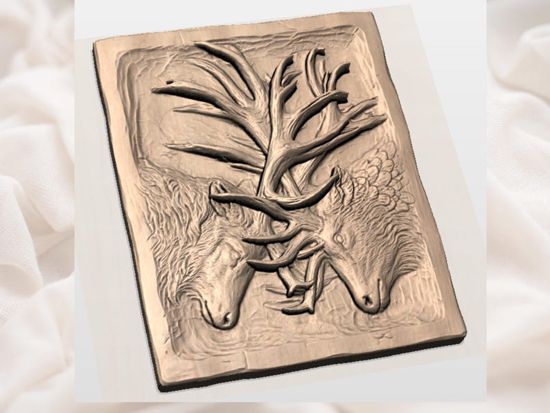 May include: A rectangular, brown relief carving featuring two animal heads facing each other, with a tree-like structure between them. The carving has a textured surface and is set within a recessed border.