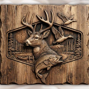 Deer Duck Trout Hunting Fishing 3D Relief STL view 1