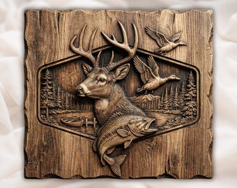 Herten Eend Forel Jagen Vissen 3D Reliëf STL | Houtsnijbestand CNC-router | Outdoorsman Cabin Lodge muurkunstpaneel | Bord met dieren in het wild