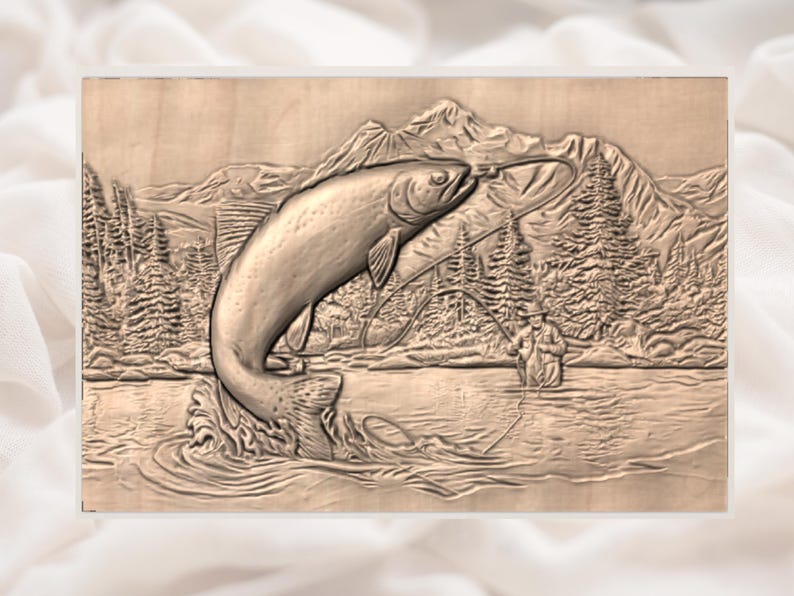 May include: A wooden relief carving showing a fish leaping from water, hooked on a fishing line. The scene includes a fisherman, mountains, and trees. The artwork is in shades of brown and tan, suggesting a rustic theme.