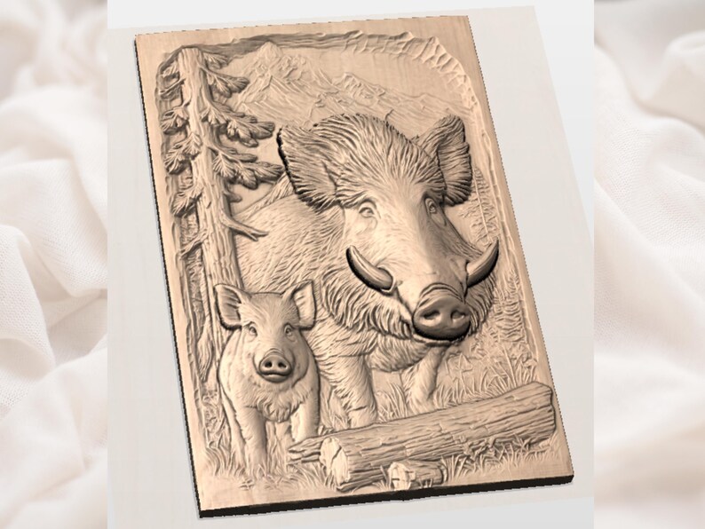 May include: A carved wooden relief depicting a wild boar and a piglet in a forest setting. The artwork features detailed textures of the animals, trees, and mountains in the background. The boar has large tusks.