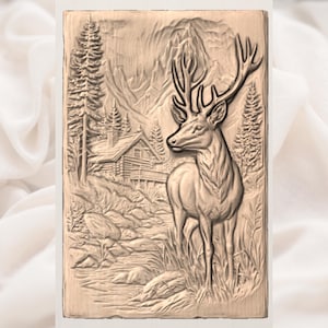 Mountain Deer Cabin Scene 3D Relief STL view 3