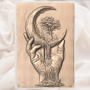 Hand Holding Moon Waterfall 3D Relief STL view 3