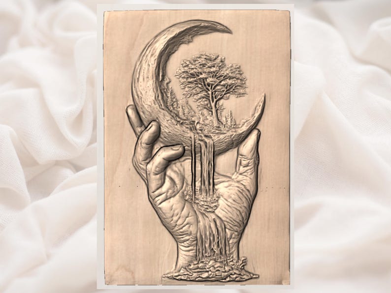 May include: A wooden carving shows a hand holding a crescent moon. Within the moon, a detailed landscape includes a tree, waterfall, and forest. The carving is in shades of brown, with intricate details.