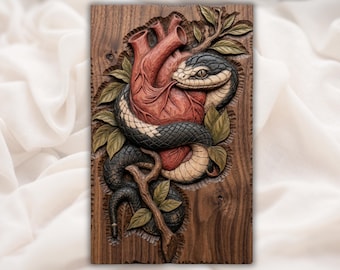Wąż i serce STL | Tabliczka ścienna z symbolem pokusy / Edenu | Panel z rzeźbionym w drewnie anatomicznym wężem w kształcie serca | Gotycka sztuka ścienna