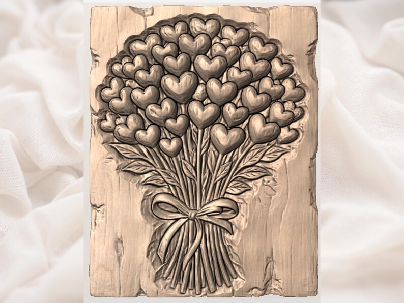 May include: A wooden carving of a bouquet of hearts. The bouquet is tied with a ribbon and has leaves. The carving is in a rectangular shape with a light brown color.