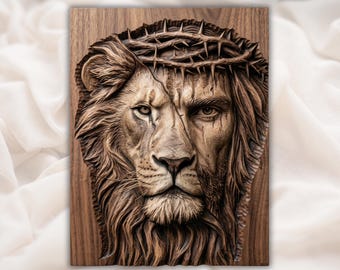 Lion of Judah Jesus STL | Crown of Thorns Christian Wood Relief | CNC Carving Design | Sacred Biblical Wall Art | Church Prayer Room Decor