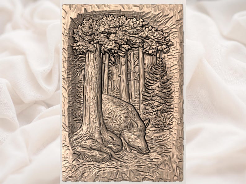 May include: A rectangular, relief carving depicts a forest scene with a wild boar. The boar is positioned near the base of a large tree, with other trees and foliage in the background. The carving is in shades of brown.