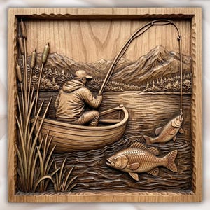 Fishing Boat Lake Scene 3D Relief STL view 1